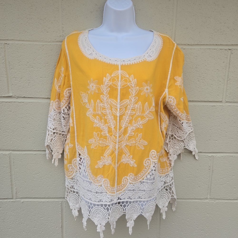 Est 1946- Women's- Yellow- Embroidered Top with Crocheted Bell Sleeves- Large